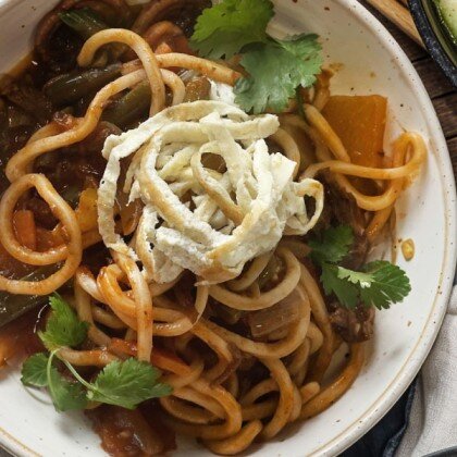 Лагман жареный по-чайхански с телятиной